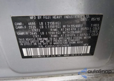 2015 Subaru Outback 2.5I Premium z USA, uszkodzony, nr VIN 4S4BSACC6F3346961